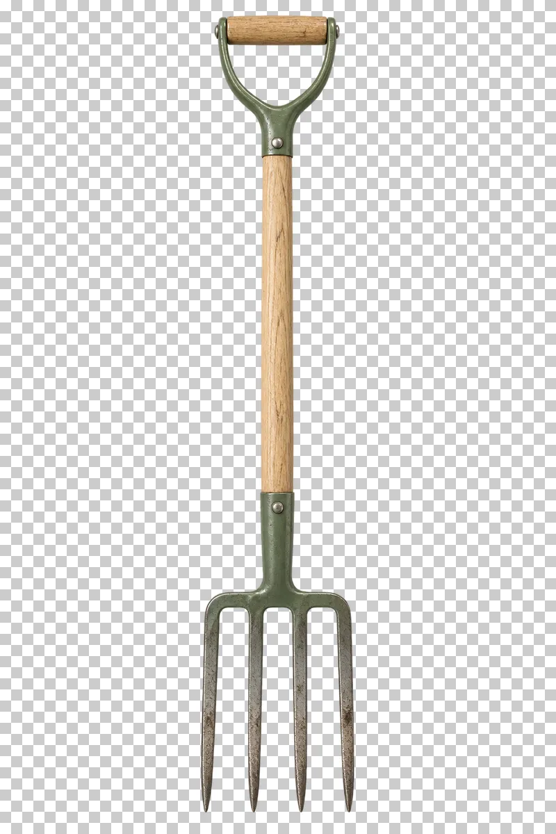 A four-tine garden fork with a wooden shaft and green D-shaped handle.