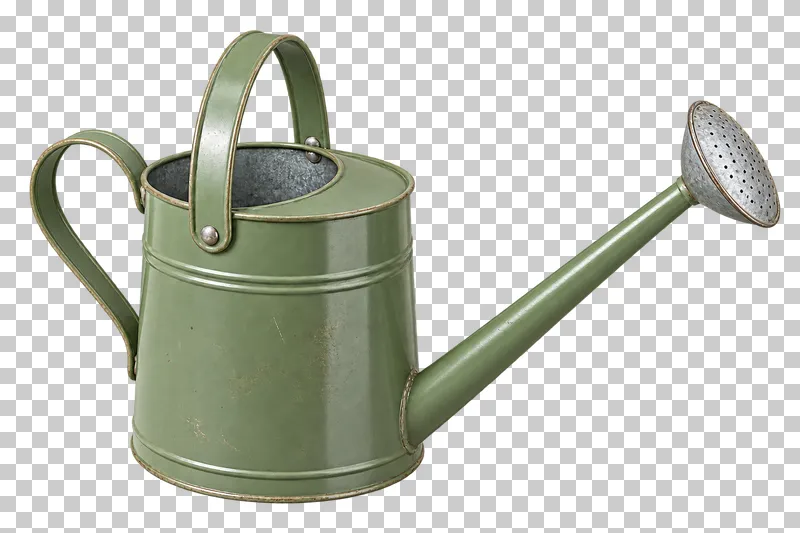 A sage-green metal watering can with two handles and a long spout with a steel rose.