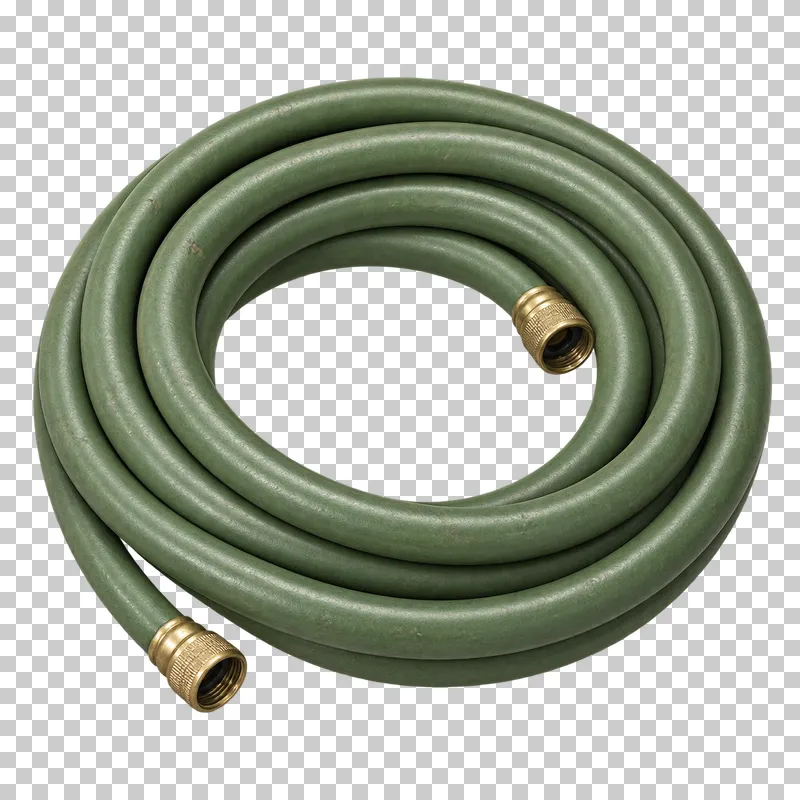 A coiled green garden hose with two visible brass connectors.