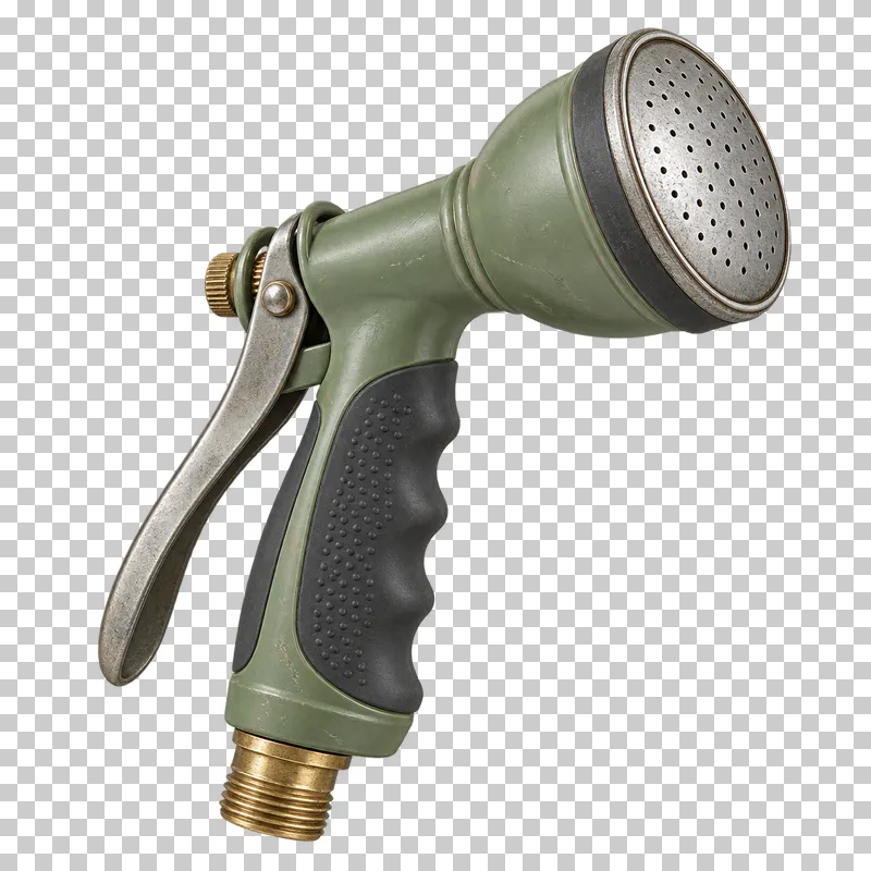 A sage-green hose spray nozzle with a metal trigger, dark rubber grip and brass connector.