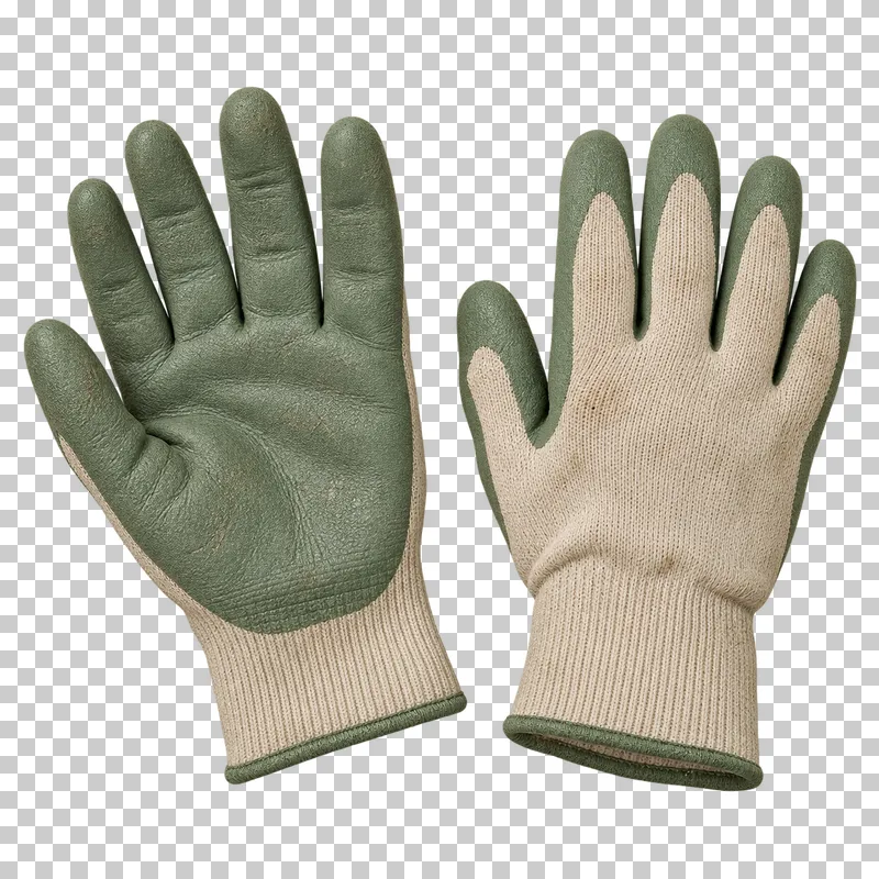 A pair of beige fabric gardening gloves with sage-green rubber-coated palms and fingers.