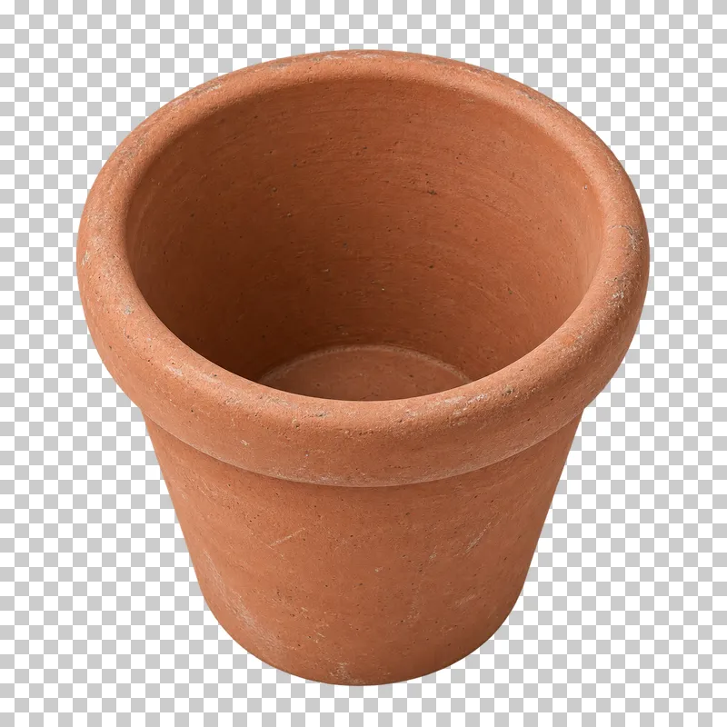 An empty terracotta flowerpot with visible interior walls and a clay bottom.