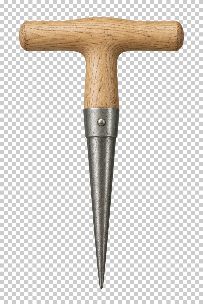 A hand dibber with a wooden T-handle and a pointed steel shaft.