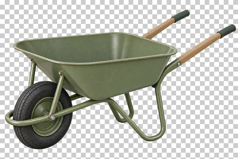 A green wheelbarrow with a metal frame, one rubber wheel and two wooden handles.