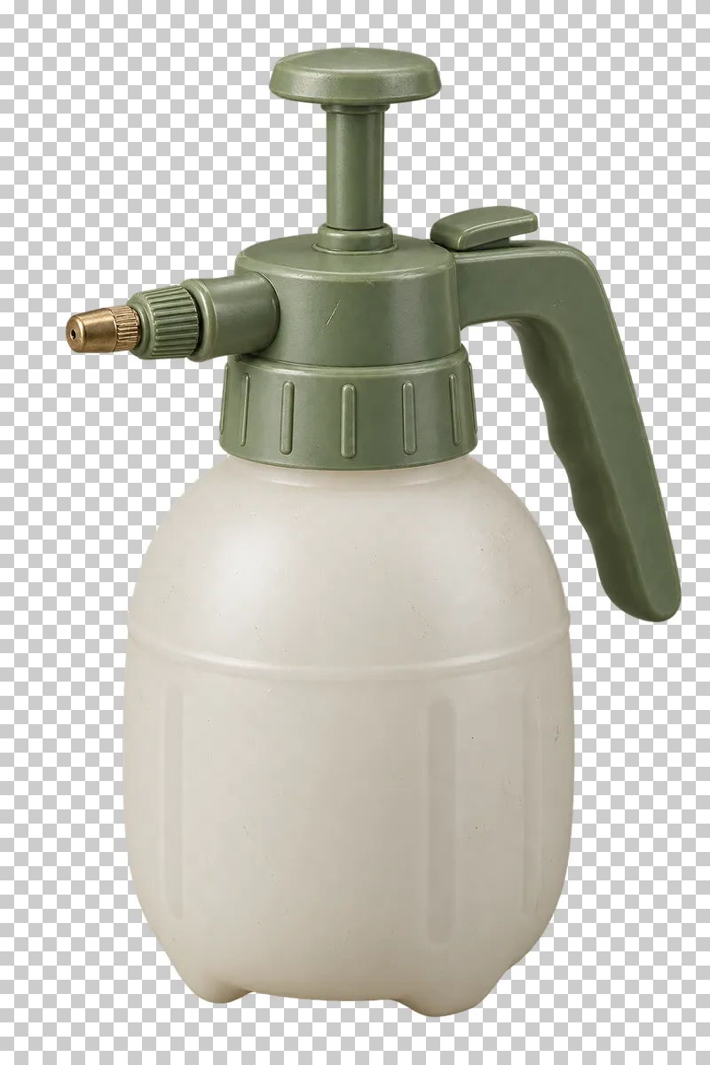 A manual pressure sprayer with an off-white reservoir, green pump and brass nozzle.