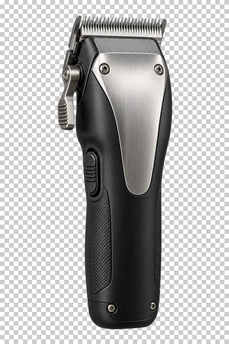 A cordless matte black hair clipper with a brushed steel front plate and exposed cutting teeth.