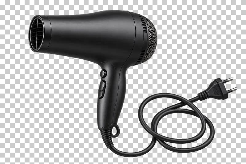 A matte black hair dryer with a complete loosely coiled cable and two-pin plug.