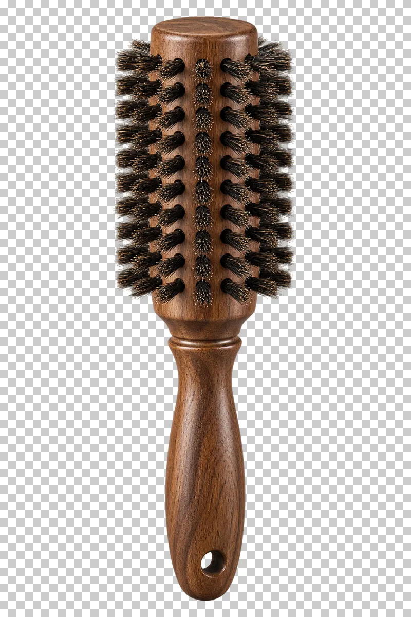 A round styling brush with a natural wooden handle and rows of dark bristle tufts.