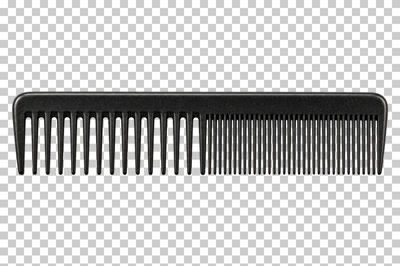A flat black barber comb with coarse and fine teeth.