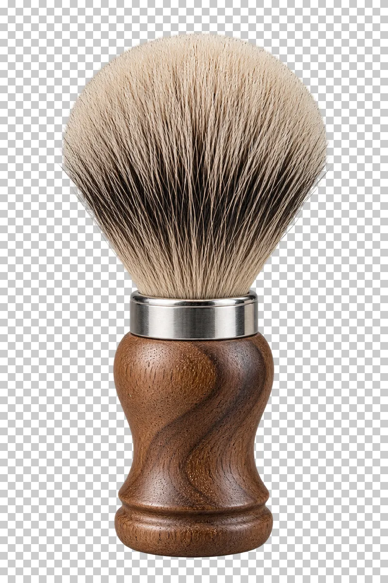 A shaving brush with natural bristles, a steel collar and a turned wooden handle.