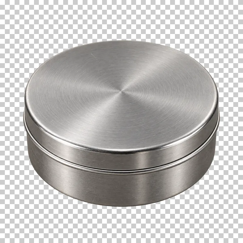 A closed round brushed metal pomade tin with a plain lid.