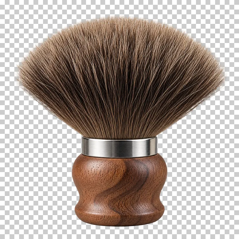 A wide barber neck duster with natural bristles and a short wooden handle.