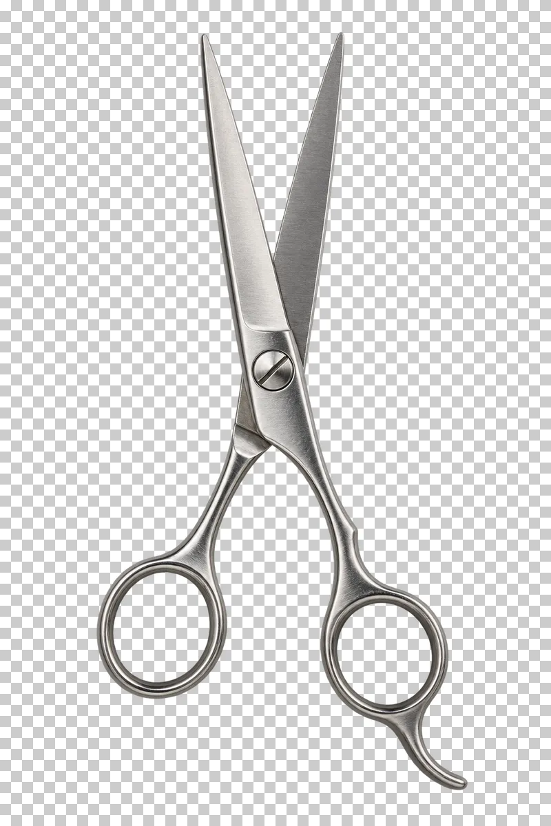 A pair of slightly open steel hairdressing scissors with two finger rings and a finger rest.