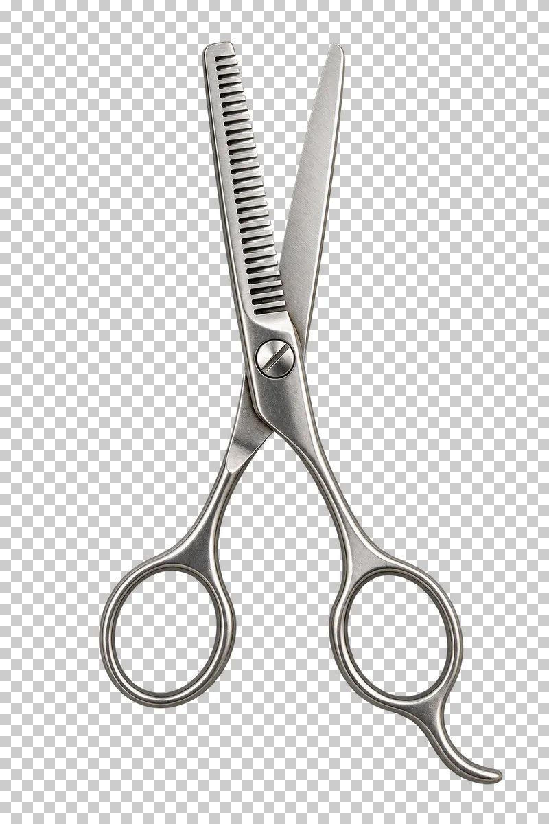 A pair of steel thinning shears with one toothed blade, one smooth blade and two finger rings.