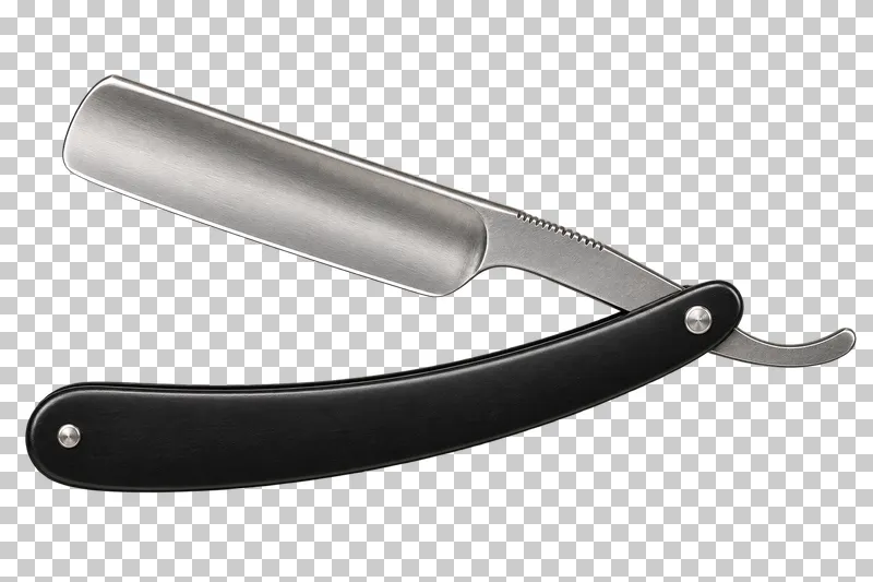 A partially open straight razor with a satin steel blade and black folding handle.