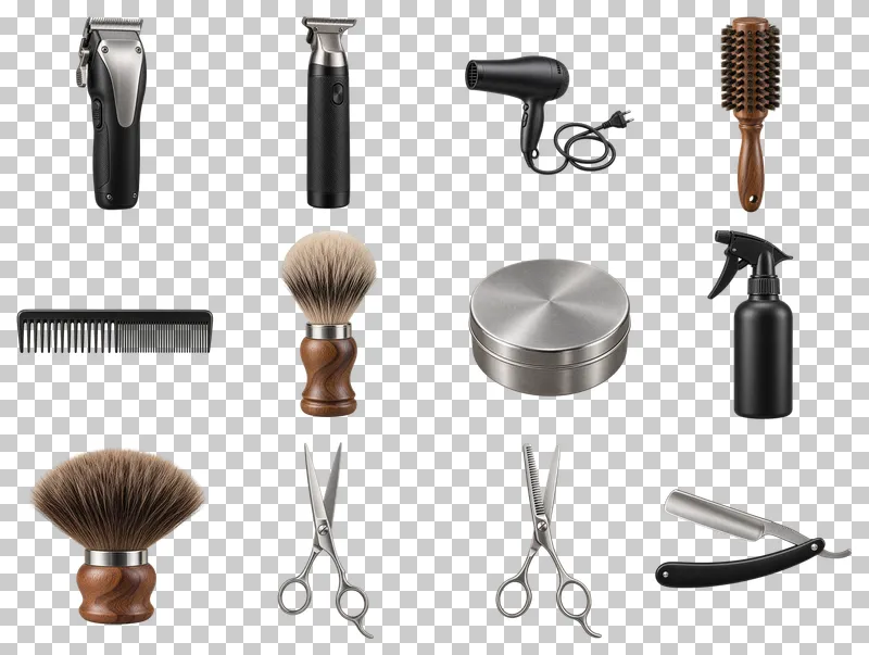 Barber Essentials Photo PNG Collection: all 12 elements in one grid
