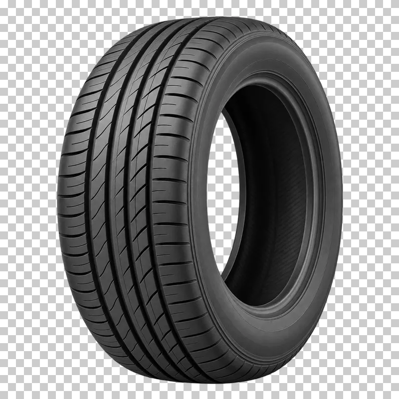 A black car tire with continuous tread grooves, a plain sidewall and visible inner rubber lining.
