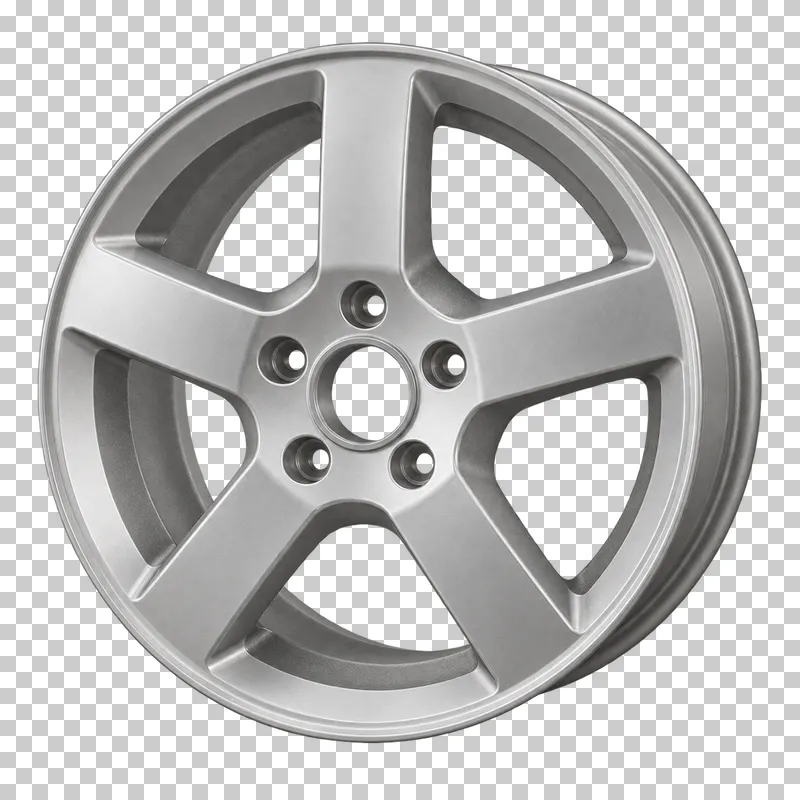 A satin silver five-spoke alloy wheel with five lug holes and a shallow three-quarter view.