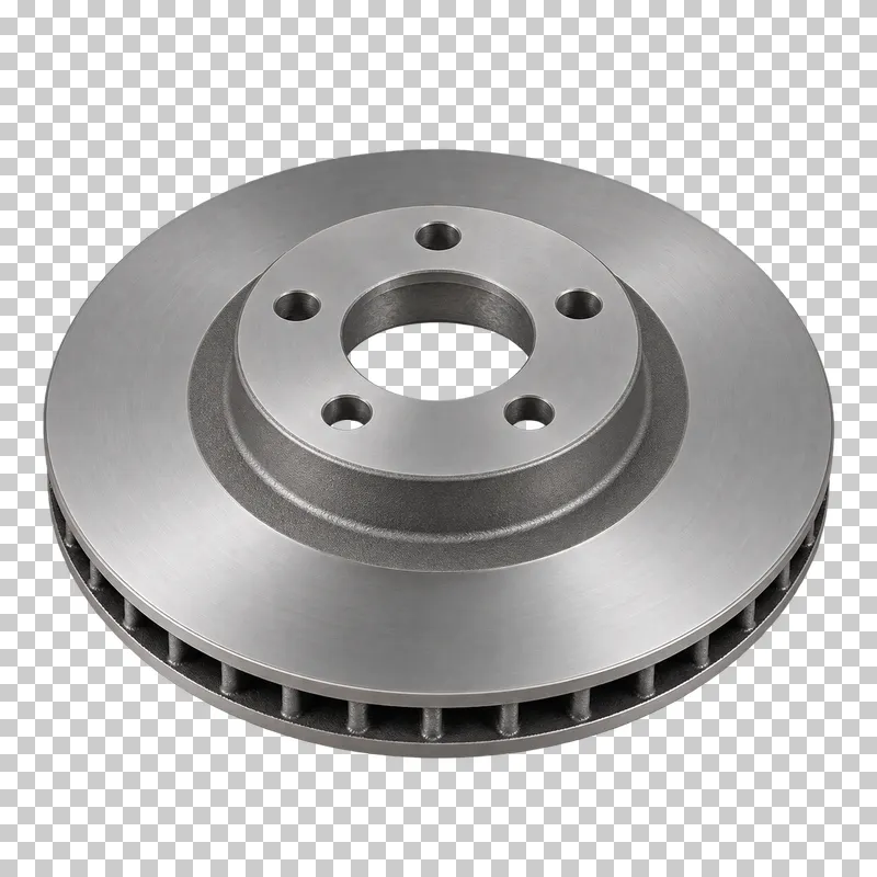 A ventilated cast-iron brake disc with a raised mounting hat, five bolt holes and visible radial cooling channels.