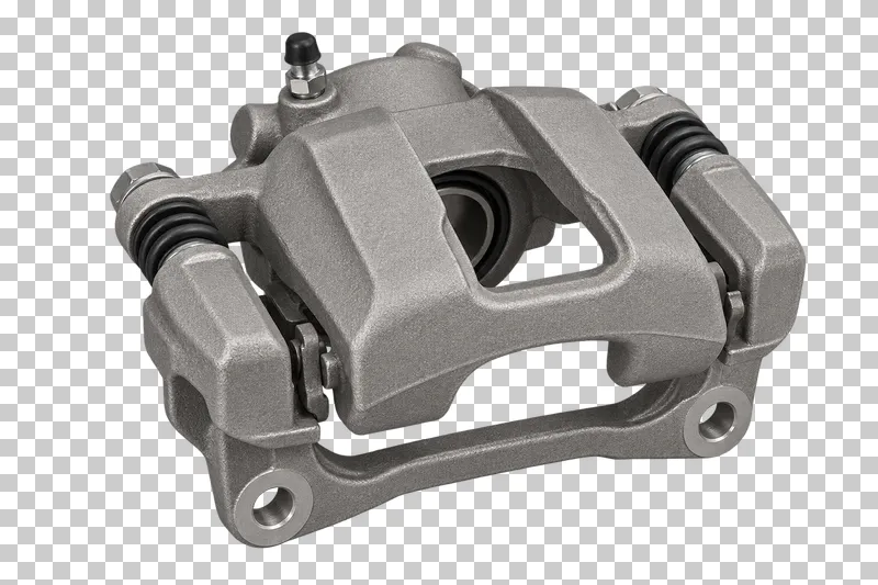 A gray cast-metal brake caliper and bracket with black rubber guide-pin boots.