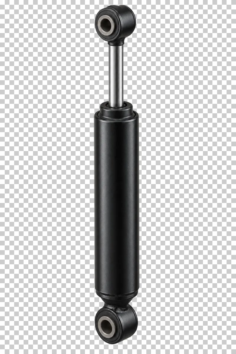 A black telescopic shock absorber with a silver piston rod and rubber-bushed eyelet mounts.