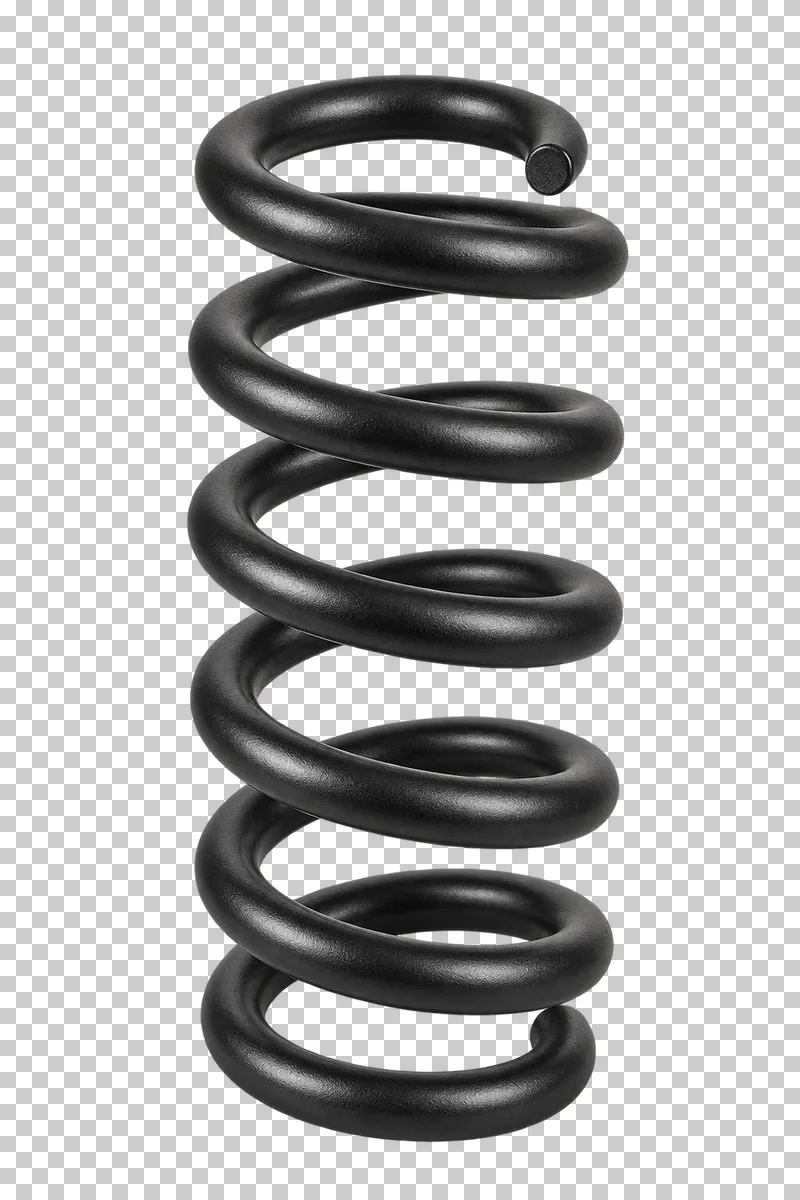 A black steel suspension spring with continuous helical coils.