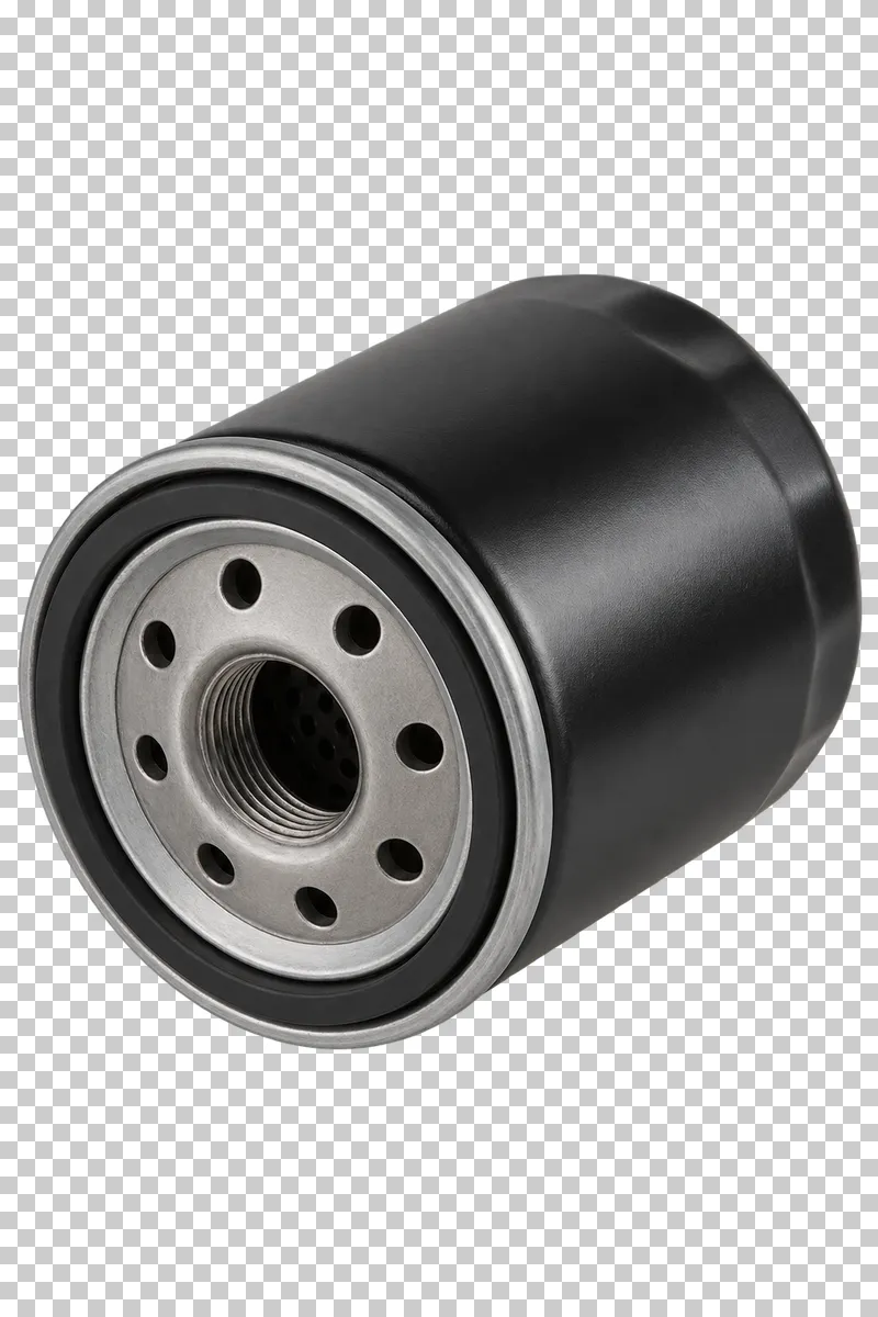 A black spin-on oil filter with a threaded metal base, round inlet holes and rubber seal.