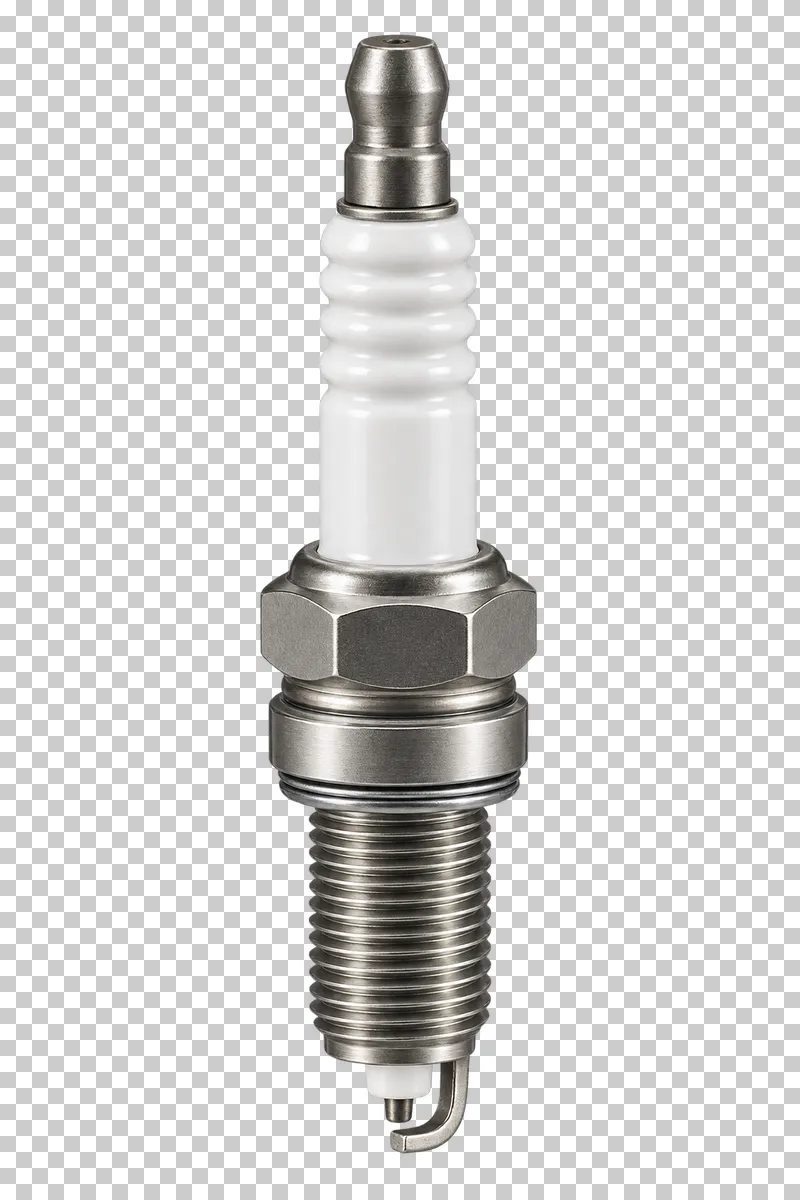 A spark plug with a ribbed white ceramic insulator, threaded metal body and bent ground electrode.