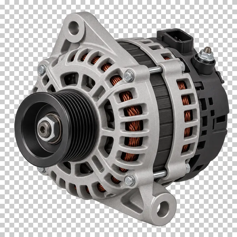 An aluminum alternator with a ribbed belt pulley, cast ventilation windows and visible copper windings.