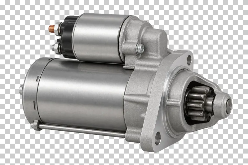 A metal starter motor with an attached solenoid, mounting flange and exposed pinion gear.