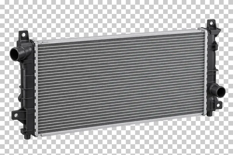 A wide aluminum car radiator with regular tubes and cooling fins, black side tanks and hose necks.