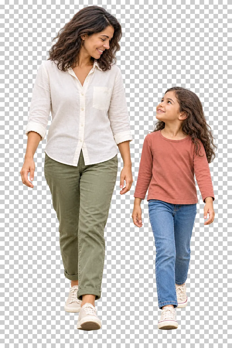 A mother in an ivory shirt and her daughter in a terracotta top walking side by side with separate hands.