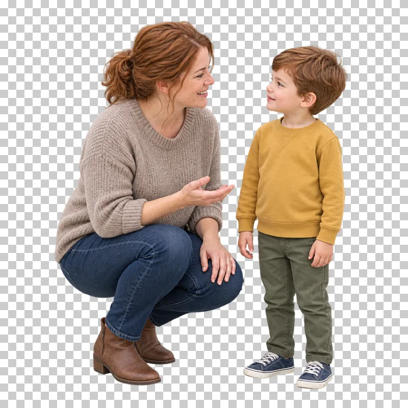 A mother in a taupe sweater crouching to talk with her young child at eye level.