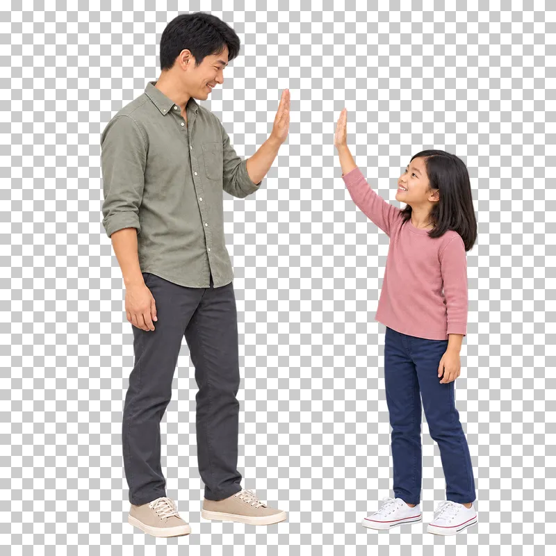 A father and daughter raising separate palms before a high five, with a clear gap between their hands.