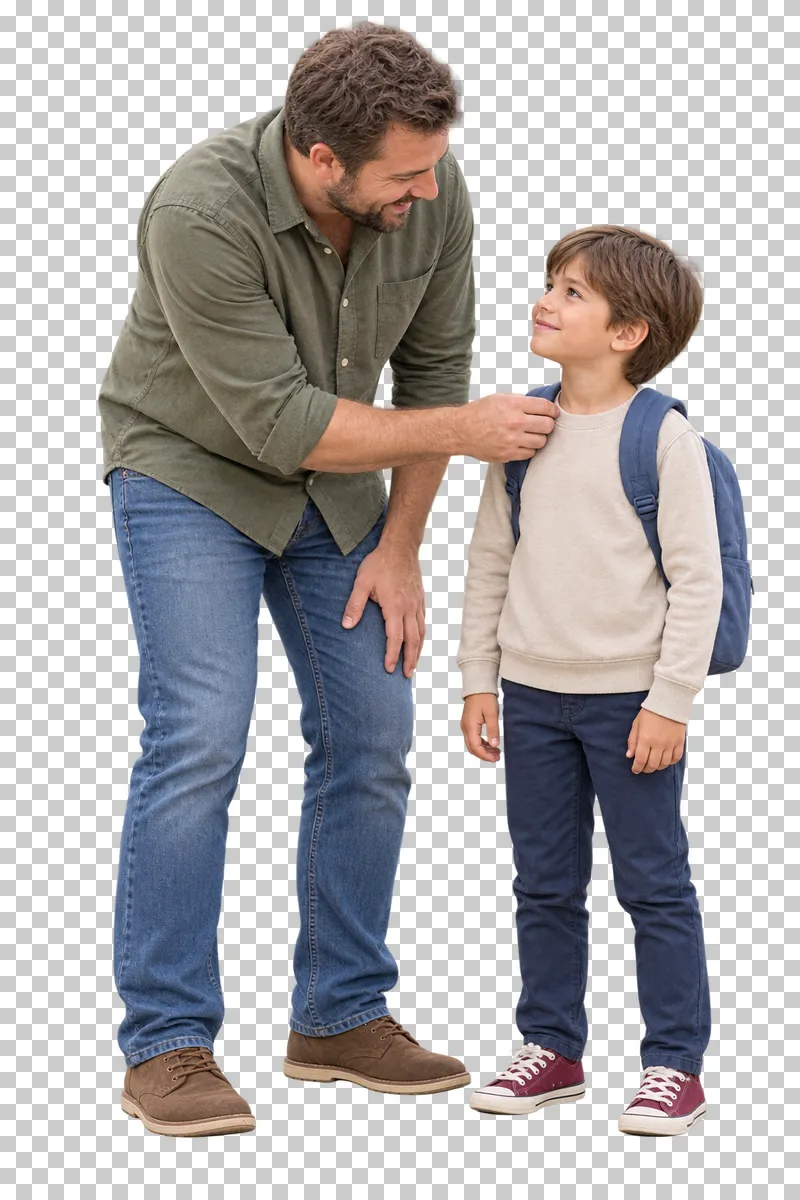 A father adjusting the strap of a blue backpack worn by his child.
