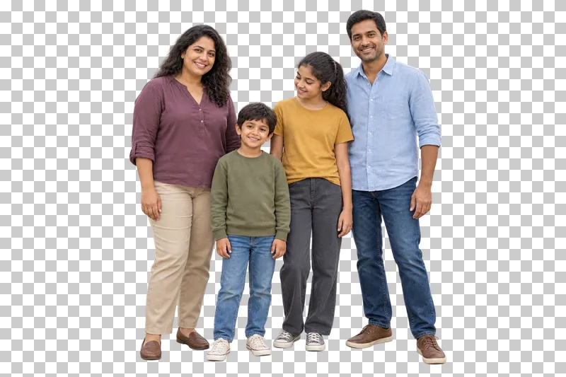 Two parents and two children in different casual outfits posing for a relaxed family portrait.