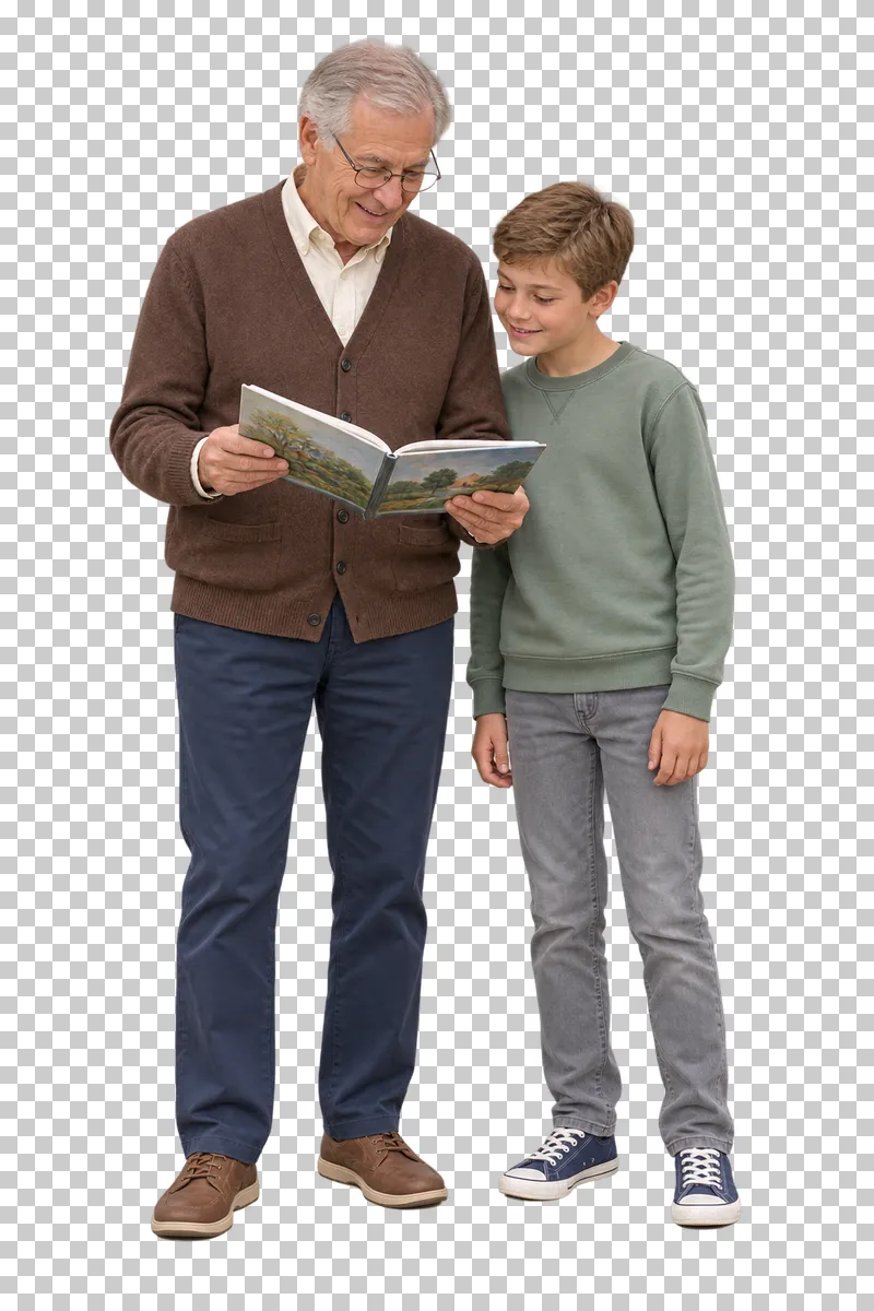A grandfather in a brown cardigan holding an open book while his grandson looks at the pages.