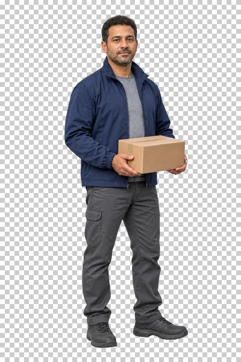 A male courier in a navy jacket and gray trousers holding a small cardboard parcel with both hands.