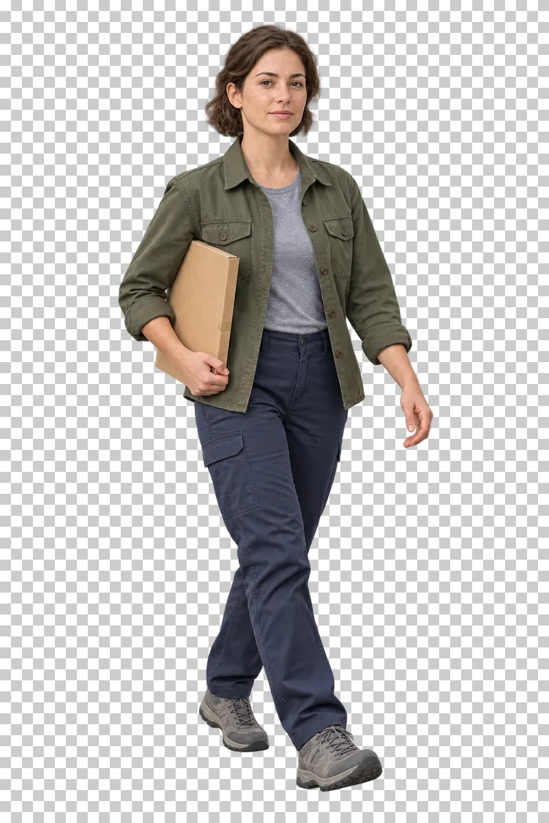 A female courier in an olive overshirt walking with a flat cardboard parcel tucked under one arm.