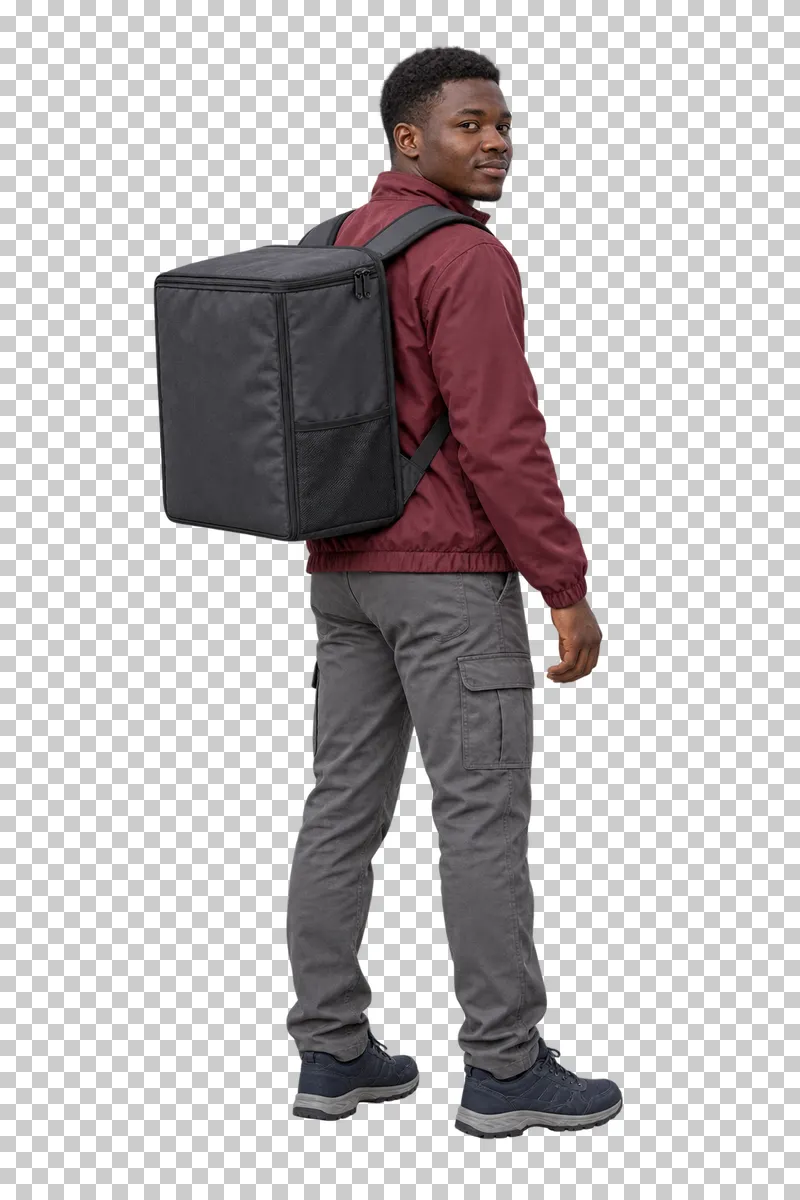 A young male delivery worker in a burgundy jacket carrying a closed charcoal insulated backpack.