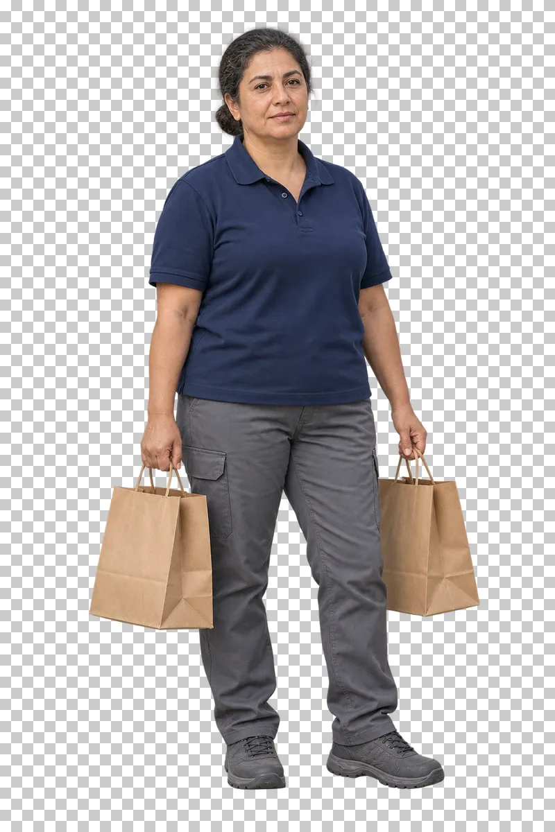 A female delivery worker in a navy polo holding two paper takeaway bags, one in each hand.