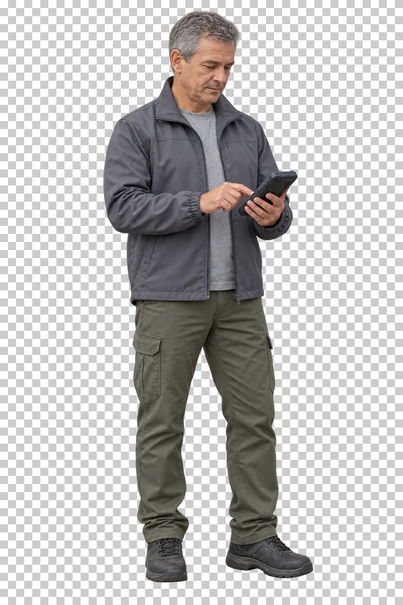 A gray-haired male courier in a gray jacket and olive trousers reading a handheld terminal.