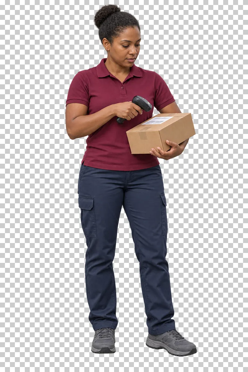 A female courier in a burgundy polo scanning the label of a parcel supported on her forearm.
