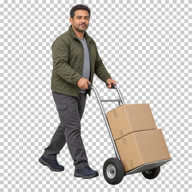 A male worker in an olive jacket pushing a two-wheel hand truck loaded with two cardboard boxes.