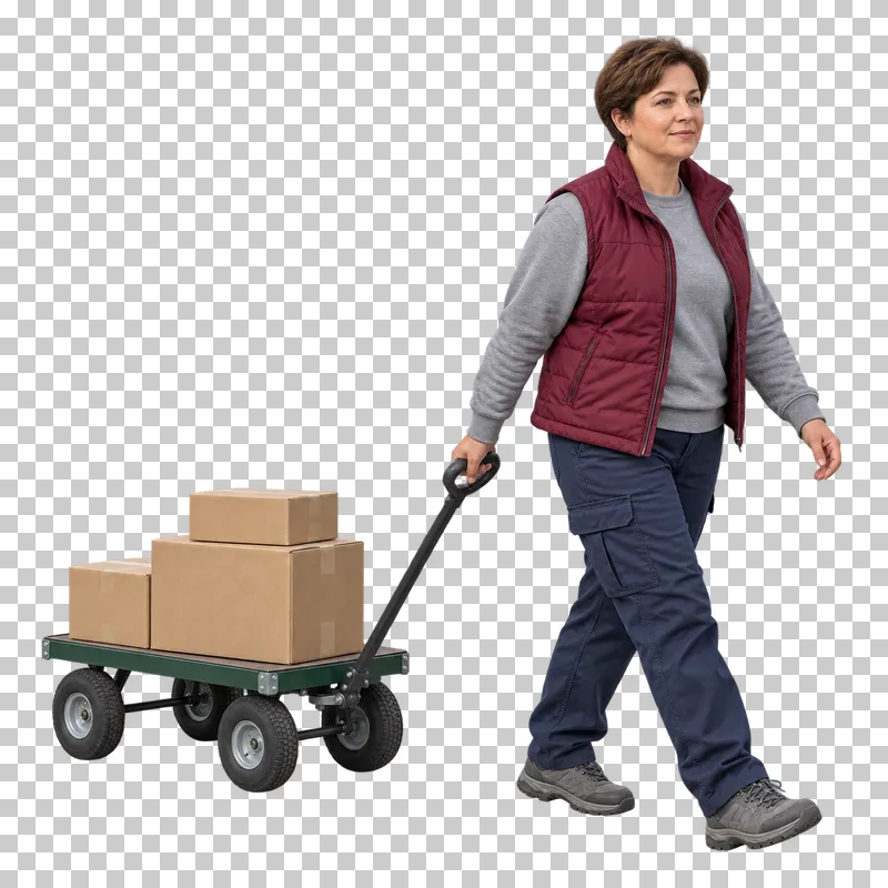 A female worker in a burgundy vest pulling a four-wheel platform cart carrying cardboard parcels.