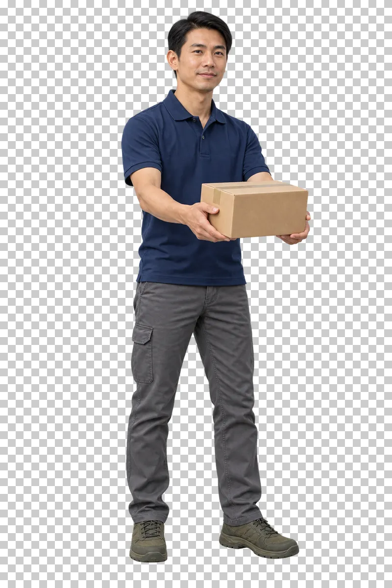 A male courier in a navy polo extending a small cardboard parcel forward with both hands.