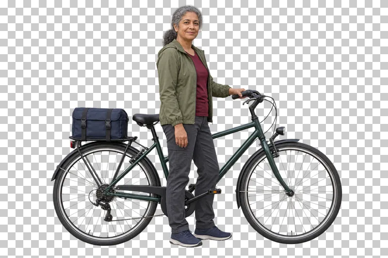 A gray-haired female delivery worker standing beside a city bicycle with a closed navy courier bag on its rear rack.