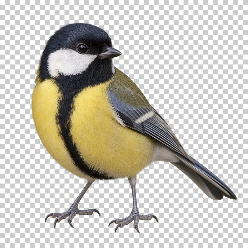 Great tit (Parus major). Standing upright in three-quarter view, chest visible. Photorealistic isolated bird.