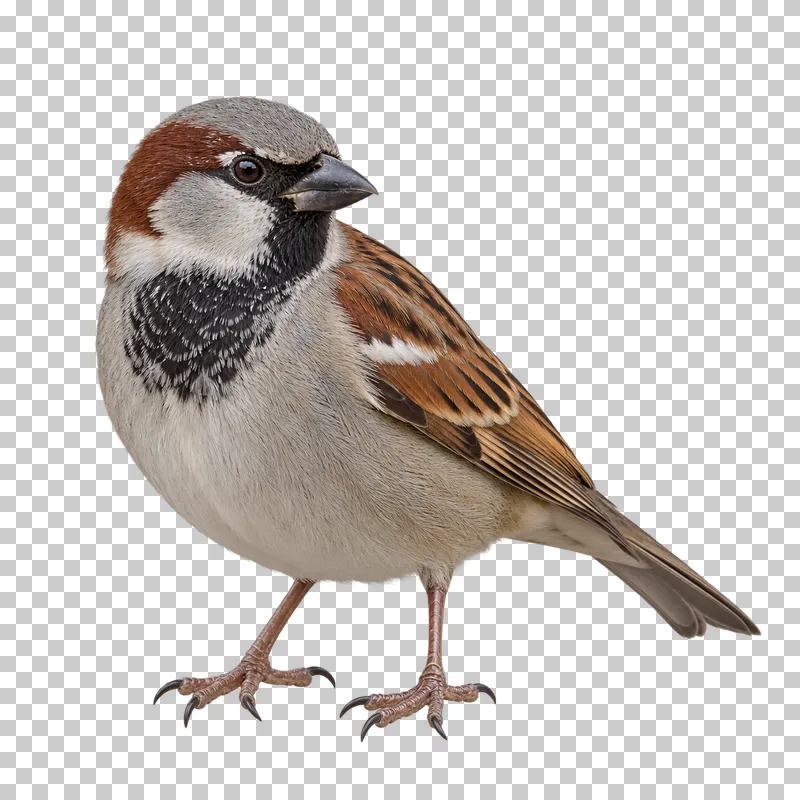 House sparrow (Passer domesticus). Adult male standing in relaxed three-quarter view. Photorealistic isolated bird.