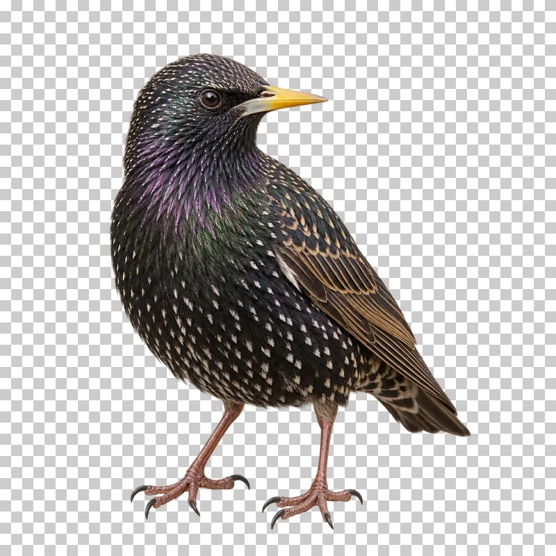 Common starling (Sturnus vulgaris). Standing upright in three-quarter view with head turned slightly. Photorealistic isolated bird.